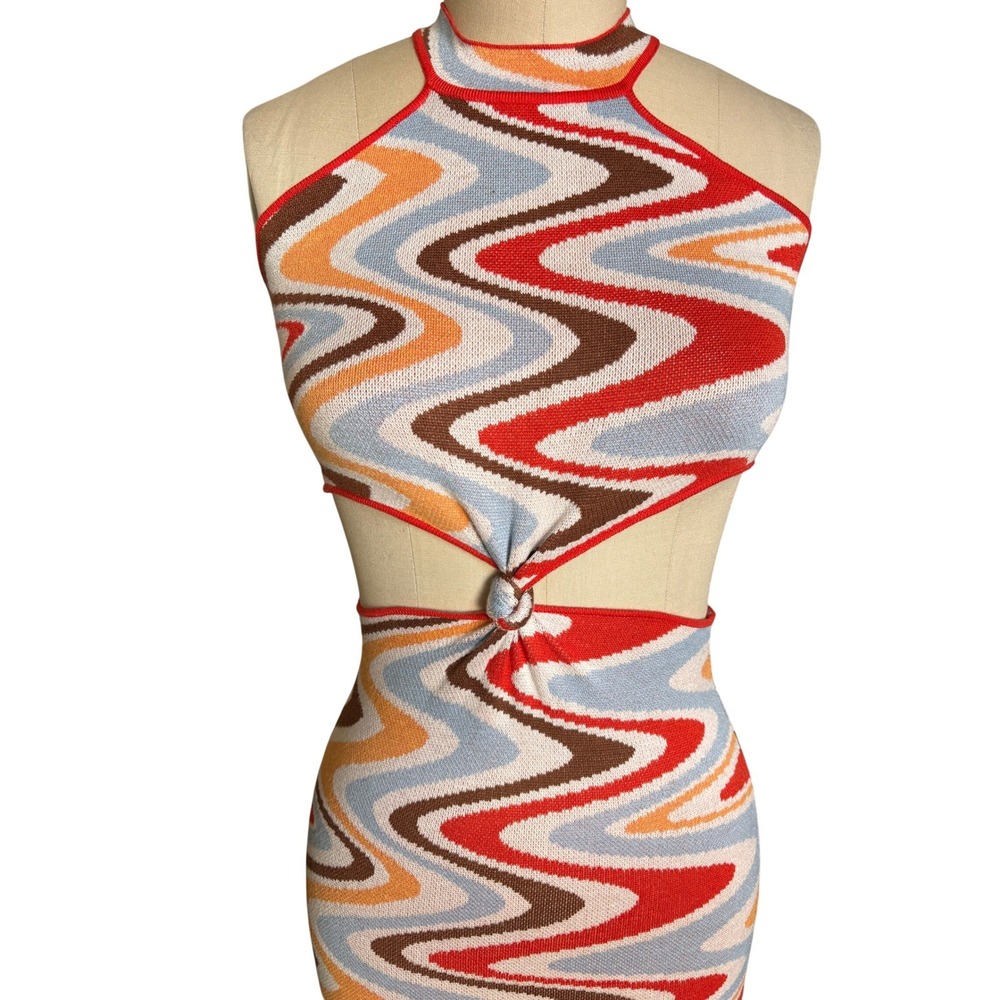 Princess Polly Mini Dress Women XS/S Multi Color Retro Wavy Knit Cutout Halter - Picture 4 of 11